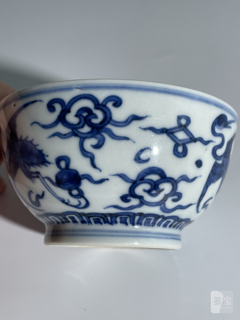 清康熙 青花仿嘉窑云鹤纹碗 - 图4